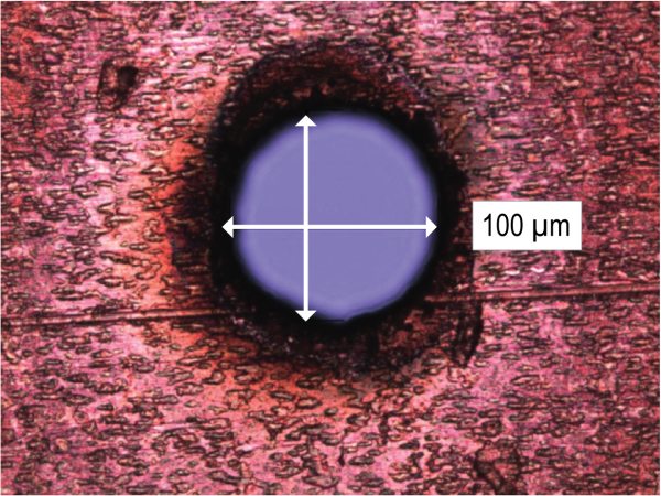 ø100-µm through-via drilled in flex PCB panel with Talon laser